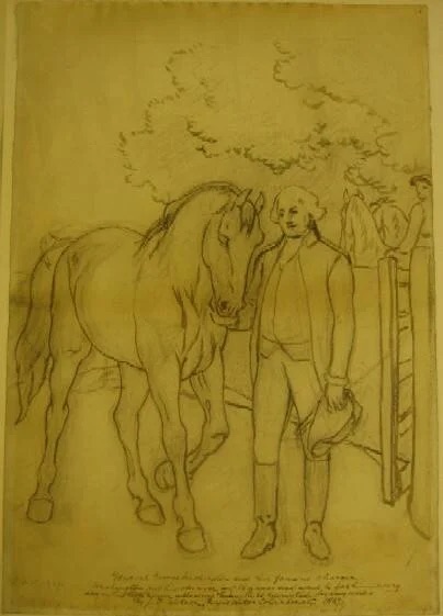Sketch of Washington and his horse Charger as the general marches from Cambridge to New York (Photo courtesy of Mount Vernon.)