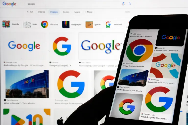 Google logos are displayed when searched for Google. Google said it will combine the software division responsible for Android mobile software and the Chrome browser with the hardware division known for Pixel smartphones and Fitbit wearables.