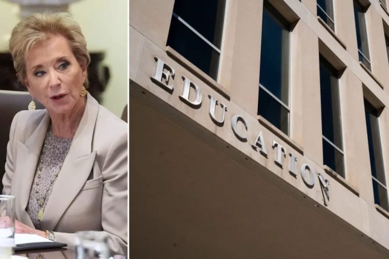 Collage of Education Secretary Linda McMahon and the Department of Education building.