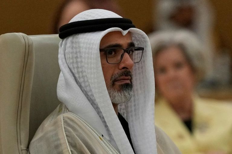 United Arab Emirates Crown Prince Sheikh Khaled bin Mohamed bin Zayed Al Nahyan, listens to President Donald Trump speaking during the Gulf Cooperation Council Summit in May 2025.