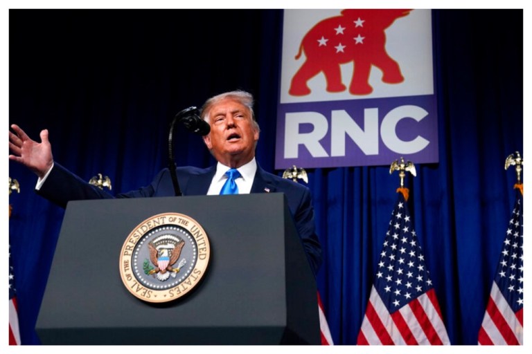 President Donald Trump speaks onstage during the first day of the Republican National Convention