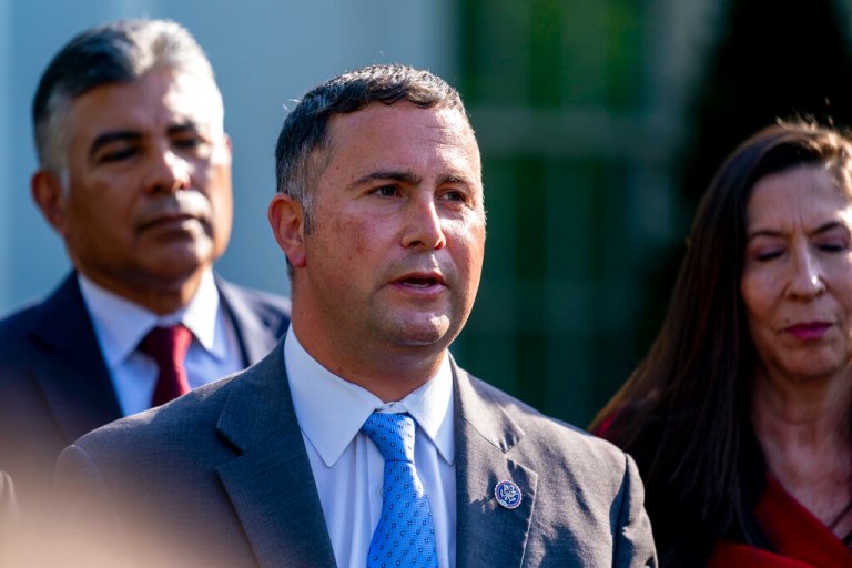 Rep. Darren Soto, D-Fla., center, accompanied by Rep. Tony Cardenas, D-Calif., left, and Rep. Teresa Leger Fernandez, D-N.M., right, speaks to members of the media following a meeting with President Joe Biden at the White House in Washington, Monday, April 25, 2022.