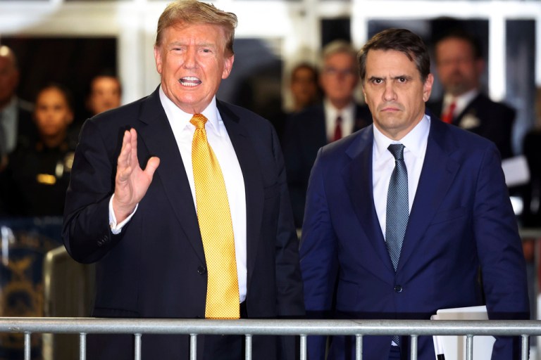 Former President Donald Trump speaks alongside his attorney Todd Blanche following the day's proceedings in his trial Tuesday, May 21, 2024, in Manhattan Criminal Court in New York. (Michael M. Santiago/Pool Photo via AP)