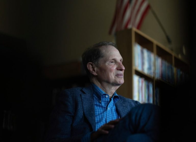 Sen. Ron Wyden, D-Ore., speaks during an interview with the Associated Press after he held a town hall meeting Friday, July 25, 2025, in Wasco, Ore. (AP Photo/Jenny Kane)