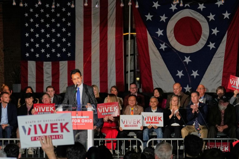 Vivek Ramaswamy speaks at a rally.
