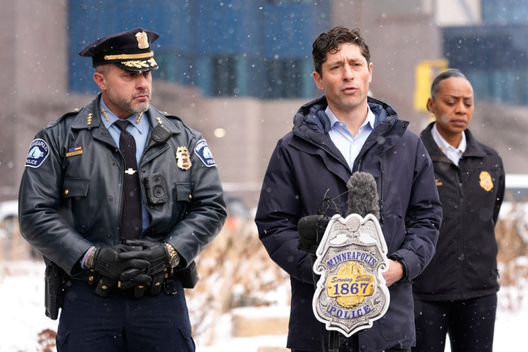 Minneapolis Mayor Jacob Frey holds a news conference as Police Chief Brian O'Hara listens, on Saturday, Jan. 10, 2026, in Minneapolis.