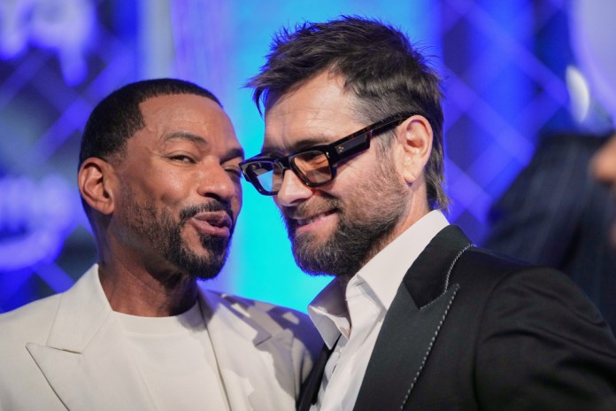Laz Alonso, left, and Antony Starr arrive on the red carpet for the the world premiere of the fifth and final season of the Prime Video series The Boys