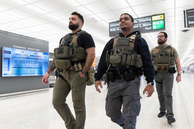 U.S. Immigration and Customs Enforcement agents patrol around Washington Dulles International Airport on March 24, 2026.