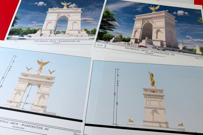 Artist renderings and diagrams for President Donald Trump's new triumphal arch released by the U.S. Commission of Fine Arts that is planned to be built in Washington between the Lincoln Memorial and Arlington National Cemetery, are photographed Friday, April 10, 2026.