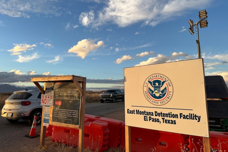 FILE - A sign marks the entrance to a series of hardened tents at the Camp East Montana immigrant detention center in the desert at a U.S. Army base on the outskirts of El Paso, Texas, Feb. 13, 2026. (AP Photo/Morgan Lee, file)