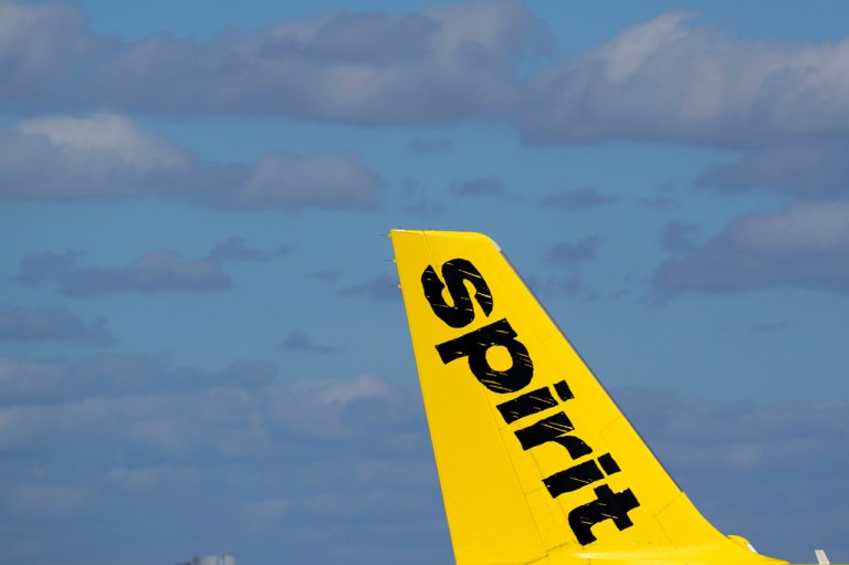 The tail of a Spirit Airlines Airbus A320 is shown as the plane prepares to take off from Fort Lauderdale-Hollywood International Airport, Jan. 19, 2021, in Fort Lauderdale, Fla. (AP Photo/Wilfredo Lee, File)