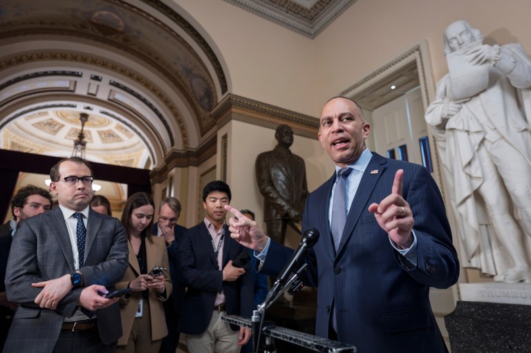 House Minority Leader Hakeem Jeffries speaks with reporters outside the House chamber at the U.S. Capitol in Washington, Monday, April 27, 2026.