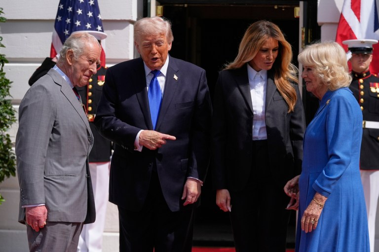 President Donald Trump and first lady Melania Trump speak with Britain's King Charles III, Queen Camilla as they depart the South Lawn of the White House on April 30, 2026.