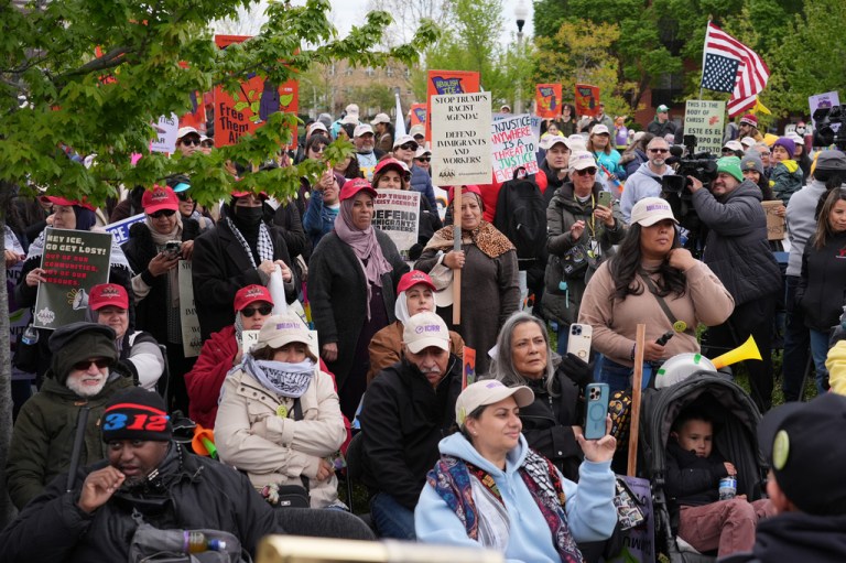 People gather before a May Day rally in Chicago, Friday, May 1, 2026.
