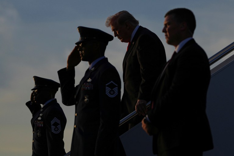 President Donald Trump arrives on Air Force One at Palm Beach International Airport on May 1, 2026.