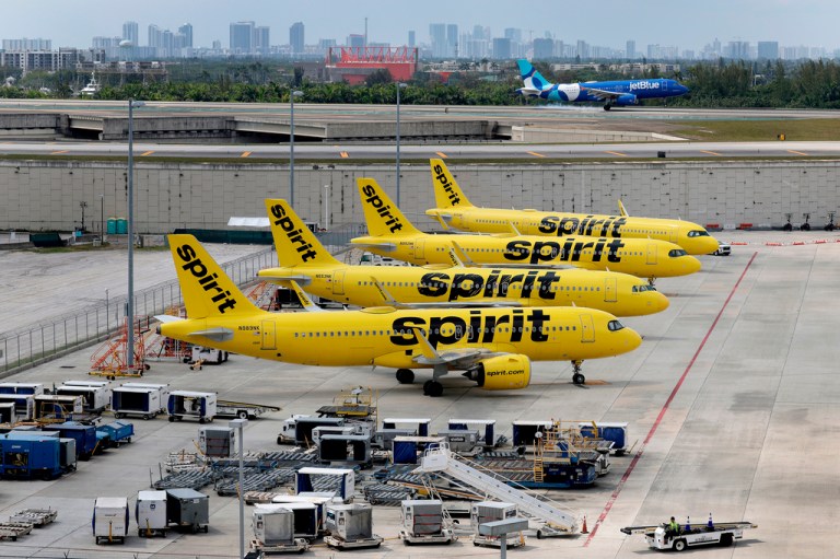 Spirit Airlines planes are grounded at Fort Lauderdale-Hollywood International Airport.