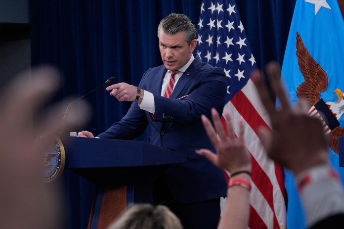Defense Secretary Pete Hegseth speaks to members of the media during a press briefing at the Pentagon in Washington, Tuesday, May 5, 2026.