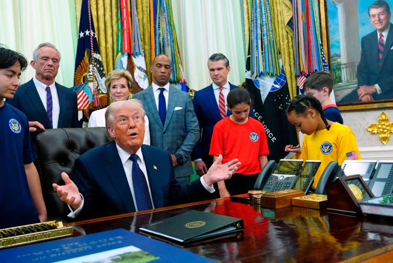 President Donald Trump speaks before signing a proclamation in the Oval Office at the White House, Tuesday, May 5, 2026, in Washington.