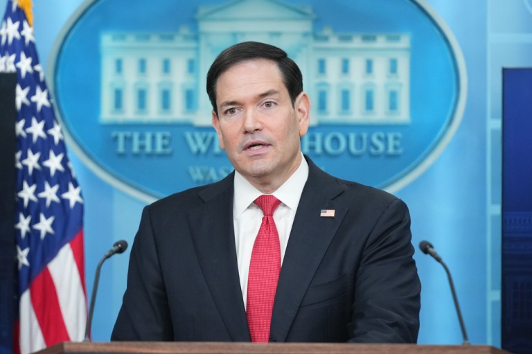 Secretary of State Marco Rubio speaks during a press briefing in the James Brady Press Briefing Room at the White House in Washington, Tuesday, May 5, 2026.
