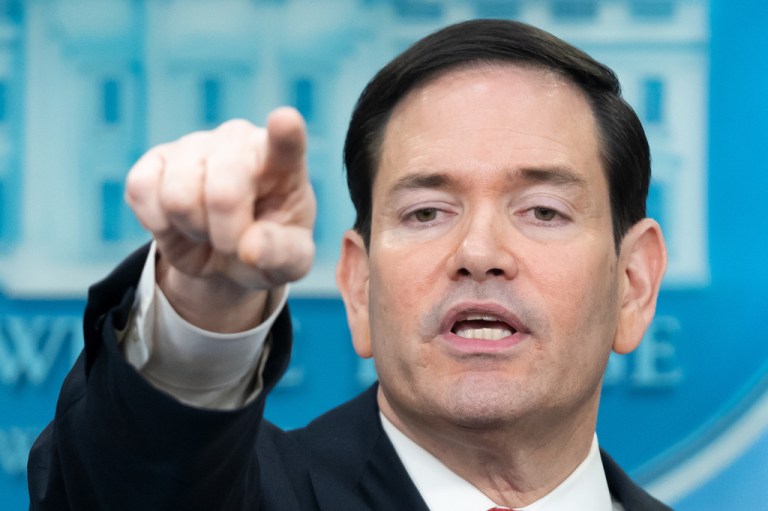 Secretary of State Marco Rubio gestures during a press briefing at the White House in Washington, Tuesday, May 5, 2026.