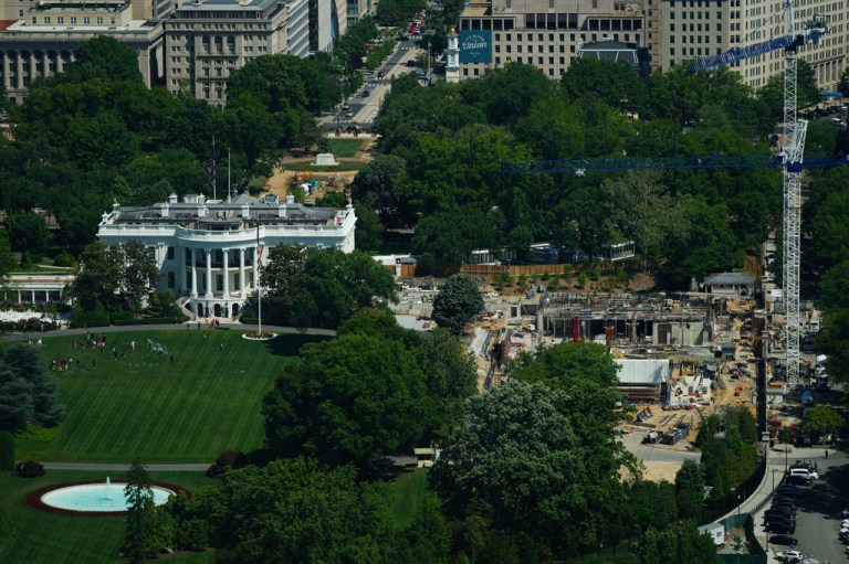 Construction on the new White House ballroom is seen from the Washington Monument, Tuesday, May 5, 2026, in Washington