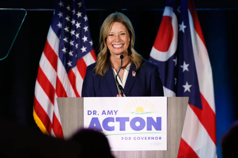 Democratic gubernatorial candidate Dr. Amy Acton speaks at a primary election night campaign event after winning the party's nomination for governor in Columbus, Ohio, Tuesday, May 5, 2026. (AP Photo/Jay LaPrete)