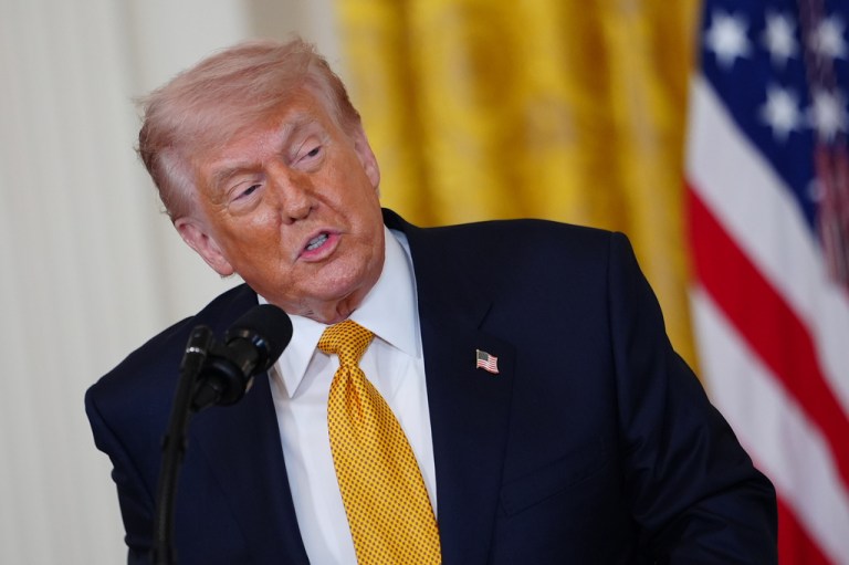 President Donald Trump speaks during an event for military mothers in the East Room of the White House, Wednesday, May 6, 2026, in Washington.