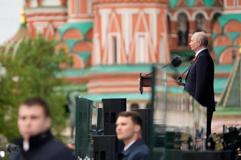 Russian President Vladimir Putin speaks during the Victory Day military parade in Moscow, Saturday, May 9, 2026, during celebrations of the 81st anniversary of the Soviet Union's victory over Nazi Germany during the World War II.
