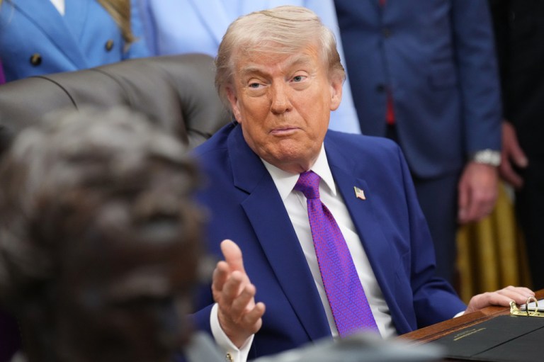 President Donald Trump speaks to reporters at an event about maternal healthcare, Monday, May 11, 2026, in the Oval Office of the White House, in Washington. (AP Photo/Jacquelyn Martin)