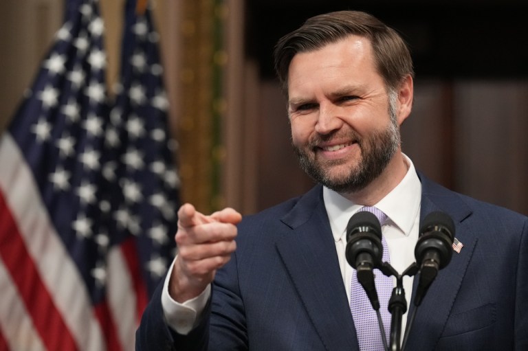 Vice President JD Vance takes questions from the media from the Eisenhower Executive Office Building on the White House campus, Wednesday, May 13, 2026, in Washington. (AP Photo/Jacquelyn Martin)