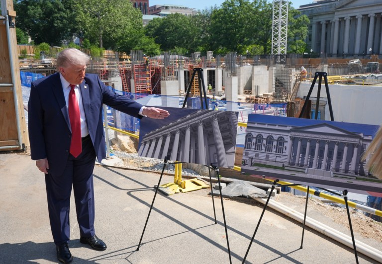 President Donald Trump summoned the press pool for an unscheduled viewing of the ongoing White House ballroom construction on Tuesday, claiming that the guest space and security facilities are both critical components of the project. (AP Photo/Jacquelyn Martin)