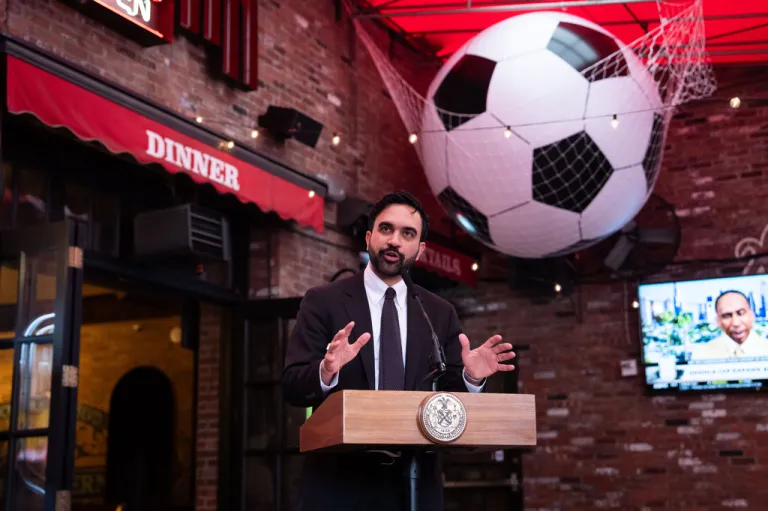 New York Mayor Zohran Mamdani makes a World Cup soccer announcement at Harlem Tavern, Thursday, May 21, 2026 in New York.