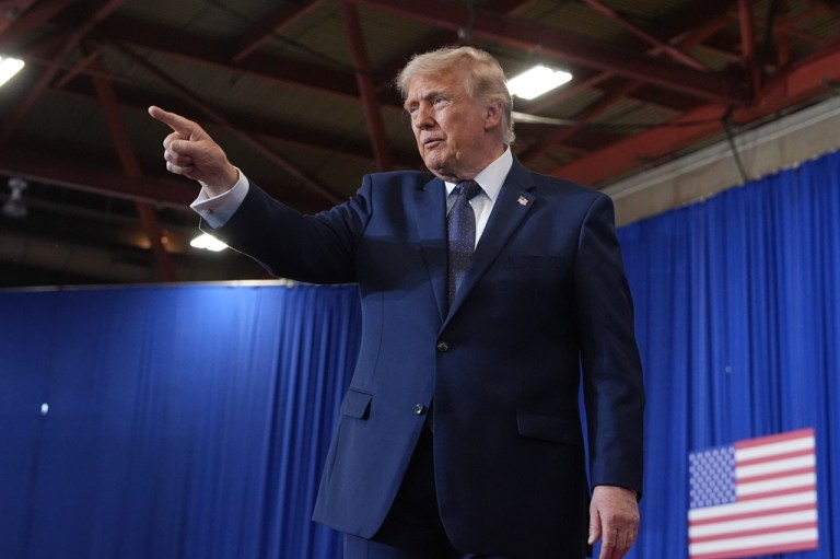 President Donald Trump gestures after speaking at Rockland Community College.