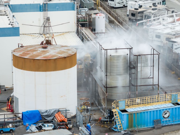 Water is sprayed on a damaged tank
