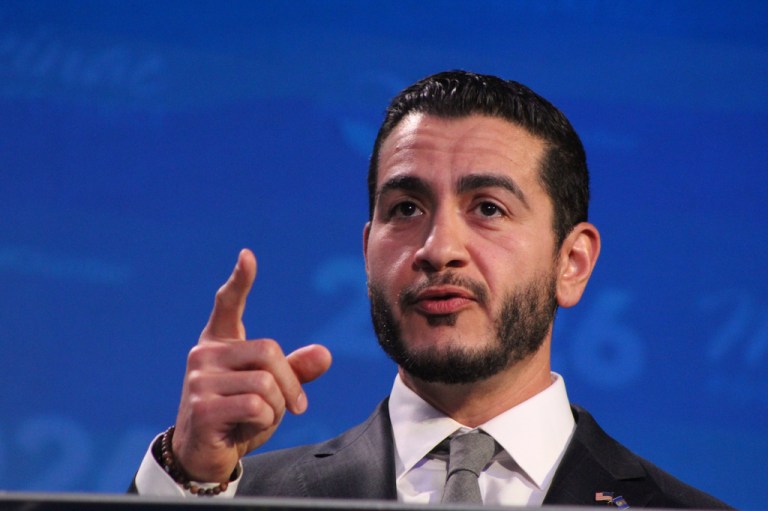 Former public health official Abdul El-Sayed speaks during a debate between the Michigan Democratic candidates running for U.S. Senate on Thursday, May 28, 2026 on Mackinac Island, Mich. (Danielle James/The Flint Journal via AP)