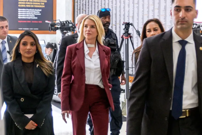 Former Attorney General Pam Bondi arrives for her deposition at the Rayburn House Office Building on Capitol Hill, Friday, May 29, 2026, in Washington.