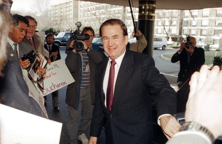 Conservative journalist Patrick Buchanan arrives for the annual meeting of the Conservative Political Action Conference in Washington, Thursday, Feb. 18, 1993. Buchanan was to be one of the speakers at the annual conservative event.