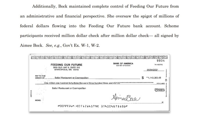 A check signed by Bock made out to one of the implicated Feeding Our Future food distribution sites. (U.S. Justice Department)