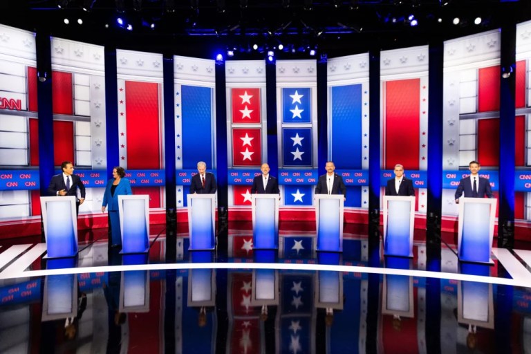 From left to right, Antonio Villaraigosa, Katie Porter, Tom Steyer, Steve Hilton, Chad Bianco, Xavier Becerra, and Matt Mahan participate in a California gubernatorial debate hosted by CNN at East Los Angeles College in Monterey Park, CA. Tuesday, May 5, 2026. (AP Photo/Ethan Swope)