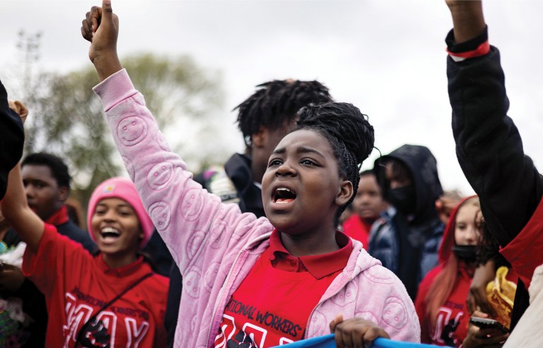 Students and teachers leave schools for an International Workers’ Day protest in Chicago, May 1, 2025. (Audrey Richardson / Chicago Tribune / Tribune News Service / Getty)
