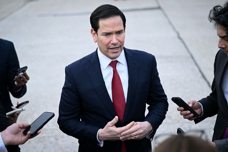 Secretary of State Marco Rubio speaks to the press following a G7 Foreign Ministers' meeting.