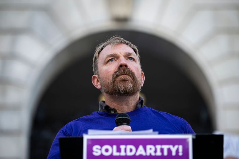 U.S. Senate candidate from Maine Graham Platner speaks during a May Day rally.