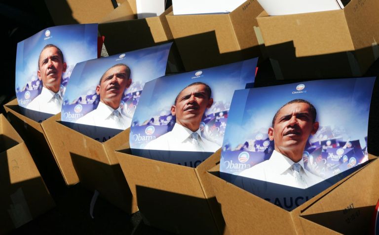 Posters of Democratic presidential hopeful Sen. Barack Obama (D-IL) are placed in caucus precinct boxes outside a campaign field office January 17, 2008 in Las Vegas, Nevada. (Ethan Miller/Getty Images)