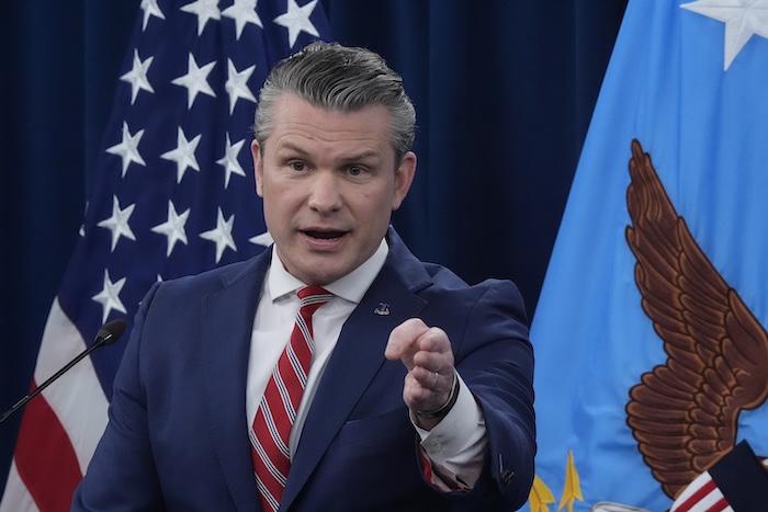 Defense Secretary Pete Hegseth speaks to members of the media during a press briefing at the Pentagon in Washington, Tuesday, May 5, 2026. (AP Photo/Manuel Balce Ceneta)