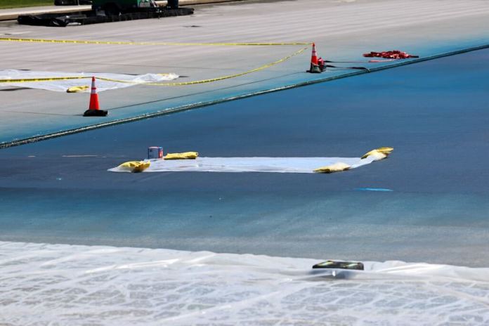 A tarp was placed over the Lincoln Memorial reflecting pool on Friday, May 1, 2026. (Photo by Graeme Jennings)