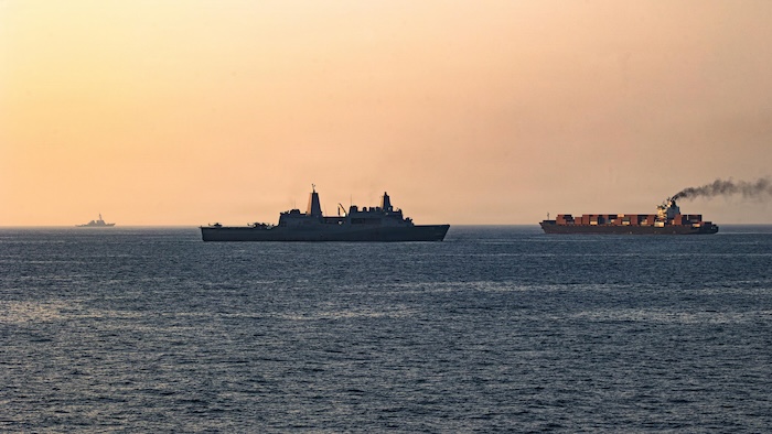 U.S. forces patrol the Arabian Sea near M/V Touska, April 20, 2026, after the Iranian-flagged vessel attempted to violate the U.S. naval blockade. (U.S. Navy photo)