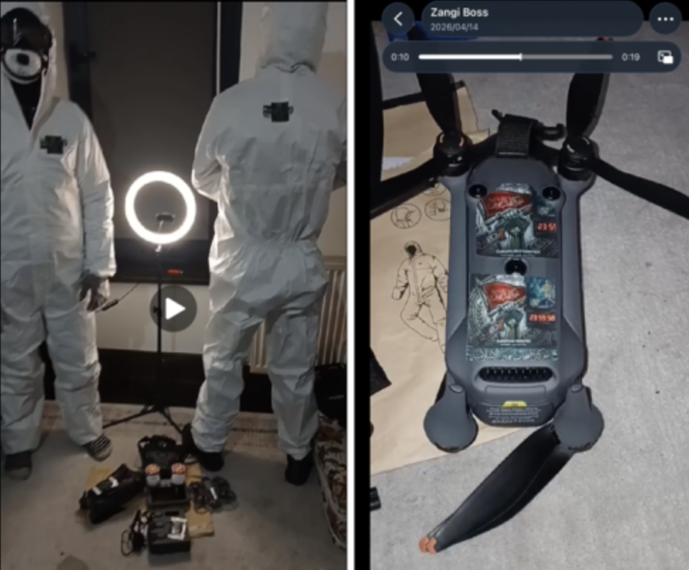 A screenshot included in court filings shows individuals wearing hazmat suits standing beside a drone carrying what appeared to be vials of white powder. Prosecutors allege the footage was used in propaganda tied to a claimed April 2026 attack on the Israeli Embassy in London involving carcinogenic and radioactive materials. (DOJ)