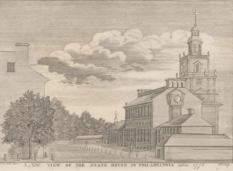 A 1782 rendering courtesy of Mount Vernon of the state house in Philadelphia where the Second Continental Congress met.