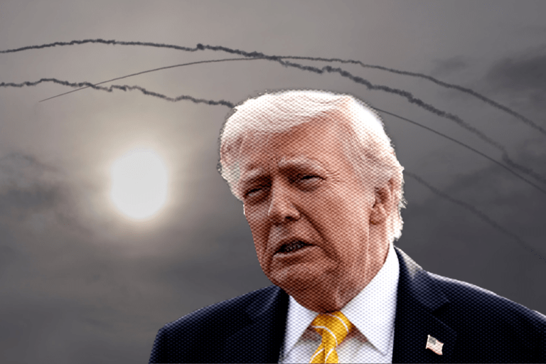 Graphic of Donald Trump with missiles flying in the background