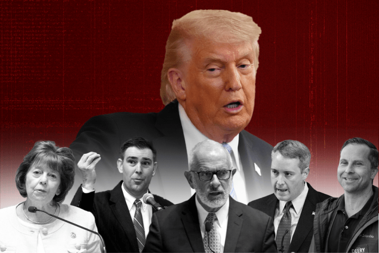 Collage of Indiana lawmakers and Trump in the background